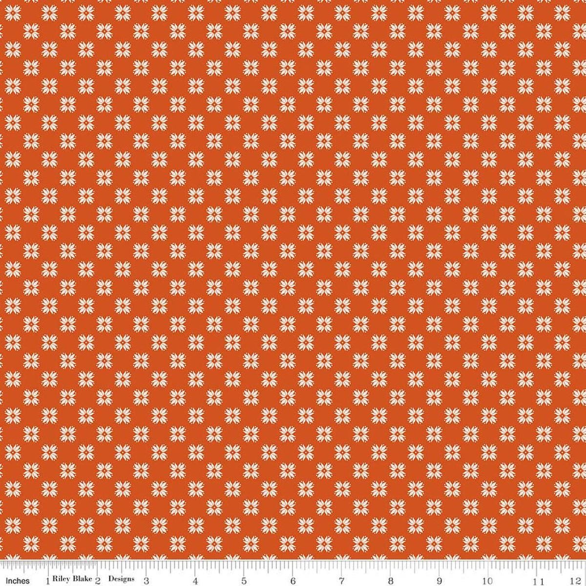 Image of Farmer's Daughter Quilting Pumpkin quilting cotton fabric by Lori Holt for Riley Blake Designs. Features geometric on an orange background. Cute Little Fabric Shop