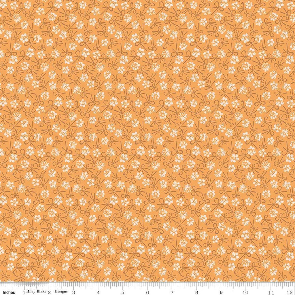 Image of Farmer's Daughter Bonnet Marigold quilting cotton fabric by Lori Holt for Riley Blake Designs. Features flowers on an orange background. Cute Little Fabric Shop