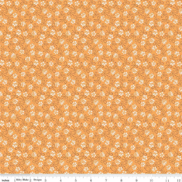 Image of Farmer's Daughter Bonnet Marigold quilting cotton fabric by Lori Holt for Riley Blake Designs. Features flowers on an orange background. Cute Little Fabric Shop