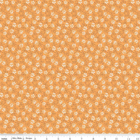 Image of Farmer's Daughter Bonnet Marigold quilting cotton fabric by Lori Holt for Riley Blake Designs. Features flowers on an orange background. Cute Little Fabric Shop