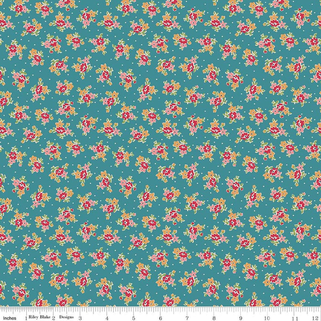 Image of Farmer's Daughter Bouquet Raindrop quilting cotton fabric by Lori Holt for Riley Blake Designs. Features flowers on a blue background. Cute Little Fabric Shop