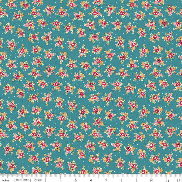Image of Farmer's Daughter Bouquet Raindrop quilting cotton fabric by Lori Holt for Riley Blake Designs. Features flowers on a blue background. Cute Little Fabric Shop