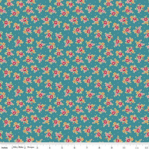 Image of Farmer's Daughter Bouquet Raindrop quilting cotton fabric by Lori Holt for Riley Blake Designs. Features flowers on a blue background. Cute Little Fabric Shop