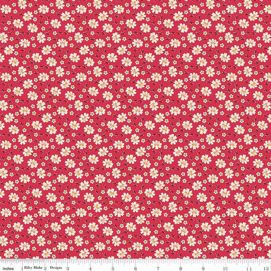 Image of Farmer's Daughter Bows Tea Rose quilting cotton fabric by Lori Holt for Riley Blake Designs. Features flowers on a red background. Cute Little Fabric Shop
