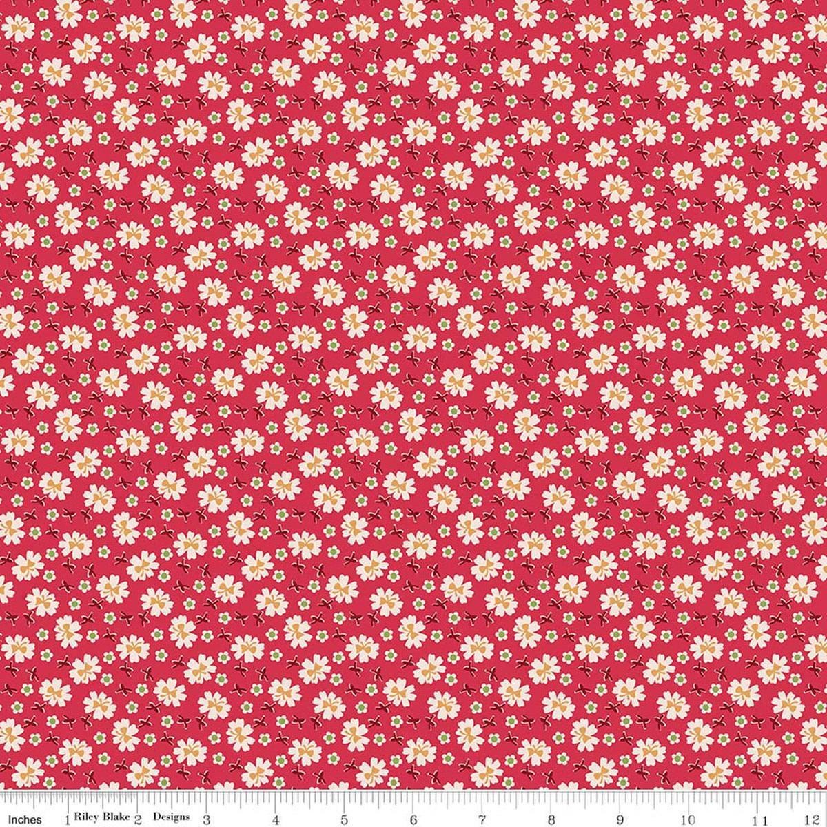 Image of Farmer's Daughter Bows Tea Rose quilting cotton fabric by Lori Holt for Riley Blake Designs. Features flowers on a red background. Cute Little Fabric Shop
