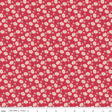 Image of Farmer's Daughter Bows Tea Rose quilting cotton fabric by Lori Holt for Riley Blake Designs. Features flowers on a red background. Cute Little Fabric Shop