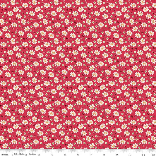 Image of Farmer's Daughter Bows Tea Rose quilting cotton fabric by Lori Holt for Riley Blake Designs. Features flowers on a red background. Cute Little Fabric Shop