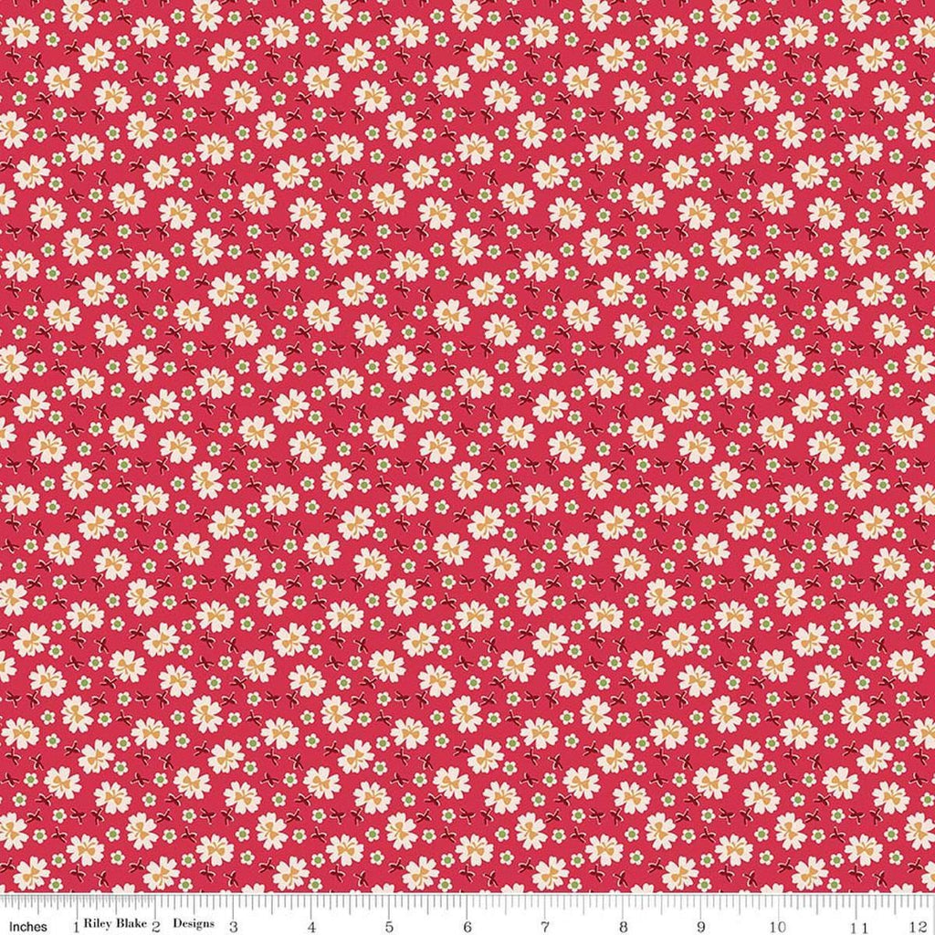 Image of Farmer's Daughter Bows Tea Rose quilting cotton fabric by Lori Holt for Riley Blake Designs. Features flowers on a red background. Cute Little Fabric Shop