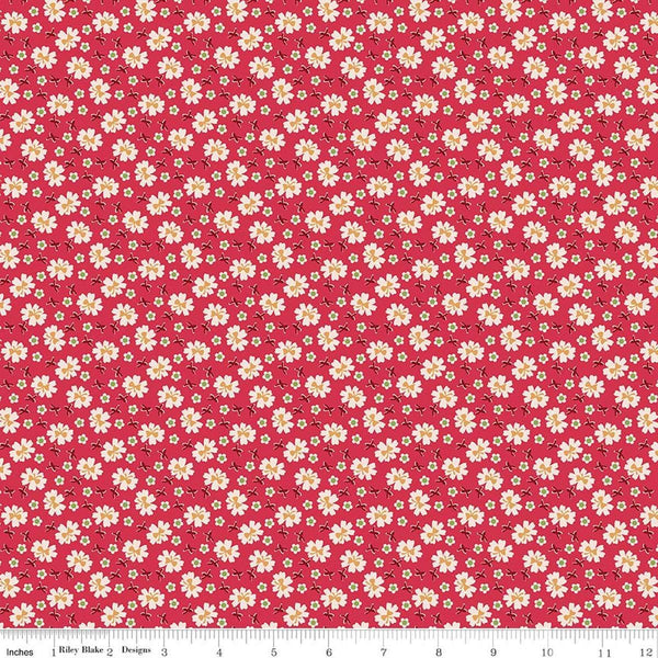 Image of Farmer's Daughter Bows Tea Rose quilting cotton fabric by Lori Holt for Riley Blake Designs. Features flowers on a red background. Cute Little Fabric Shop