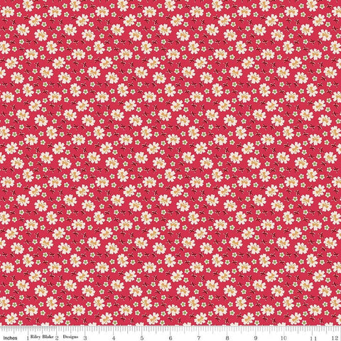 Image of Farmer's Daughter Bows Tea Rose quilting cotton fabric by Lori Holt for Riley Blake Designs. Features flowers on a red background. Cute Little Fabric Shop