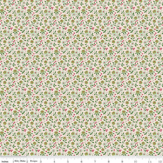 Image of Farmer's Daughter Floral Sage quilting cotton fabric by Lori Holt for Riley Blake Designs. Features flowers on a cream background. Cute Little Fabric Shop
