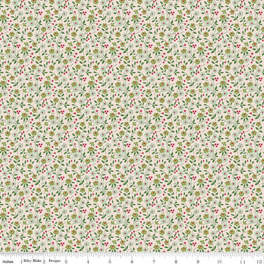 Image of Farmer's Daughter Floral Sage quilting cotton fabric by Lori Holt for Riley Blake Designs. Features flowers on a cream background. Cute Little Fabric Shop