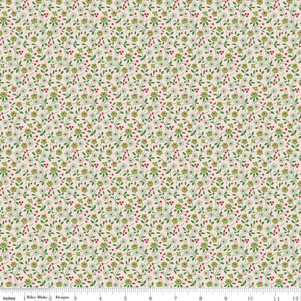 Image of Farmer's Daughter Floral Sage quilting cotton fabric by Lori Holt for Riley Blake Designs. Features flowers on a cream background. Cute Little Fabric Shop
