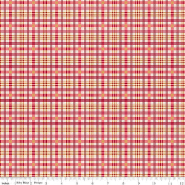 Image of Farmer's Daughter Plaid Tea Rose quilting cotton fabric by Lori Holt for Riley Blake Designs. Features plaid on a red background. Cute Little Fabric Shop