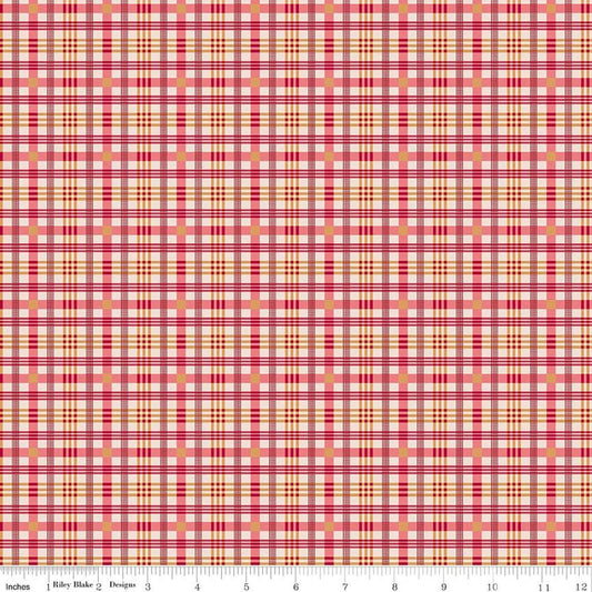 Image of Farmer's Daughter Plaid Tea Rose quilting cotton fabric by Lori Holt for Riley Blake Designs. Features plaid on a red background. Cute Little Fabric Shop