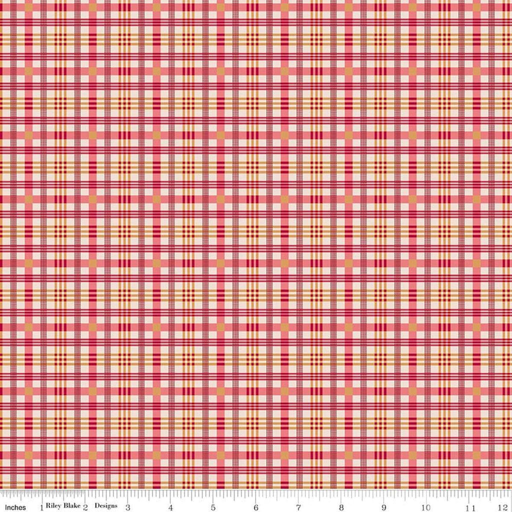 Image of Farmer's Daughter Plaid Tea Rose quilting cotton fabric by Lori Holt for Riley Blake Designs. Features plaid on a red background. Cute Little Fabric Shop