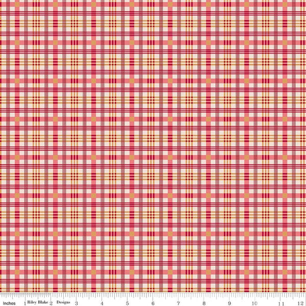 Image of Farmer's Daughter Plaid Tea Rose quilting cotton fabric by Lori Holt for Riley Blake Designs. Features plaid on a red background. Cute Little Fabric Shop