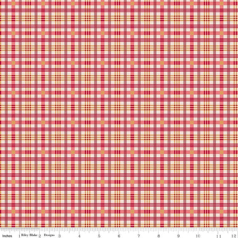 Image of Farmer's Daughter Plaid Tea Rose quilting cotton fabric by Lori Holt for Riley Blake Designs. Features plaid on a red background. Cute Little Fabric Shop