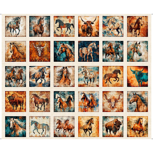 Born To Run Horses & Bulls Picture Patches Panel 31476 Cream E - QT Fabrics - Wild Western - Quilting Cotton Fabric
