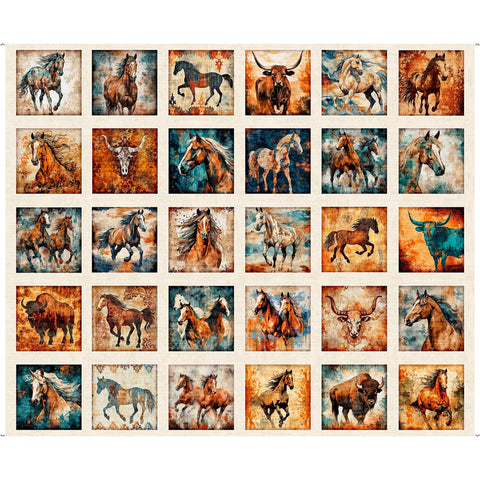 Born To Run Horses & Bulls Picture Patches Panel 31476 Cream E - QT Fabrics - Wild Western - Quilting Cotton Fabric