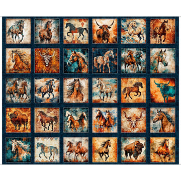 Born To Run Horses & Bulls Picture Patches Panel Dark Teal Blue Western Fabric - 31476-  QT Quilting Cotton Fabric