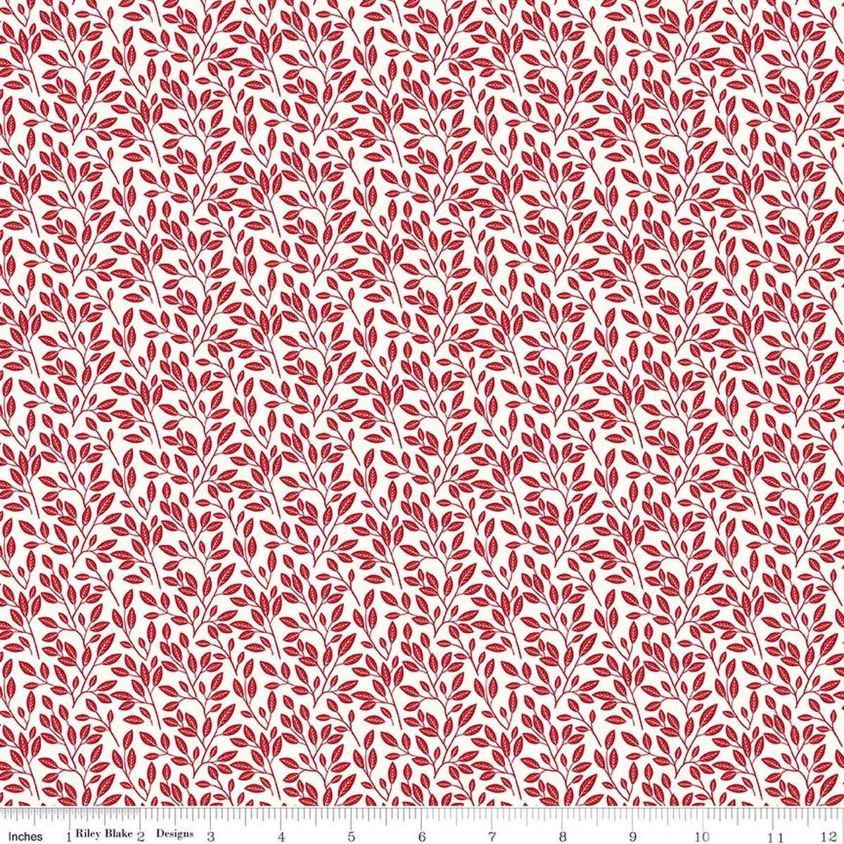 Image of Radiant Ruby Leaves Cloud quilting cotton fabric by Dani Mogstad for Riley Blake Designs. Features leaves on a white background. Cute Little Fabric Shop