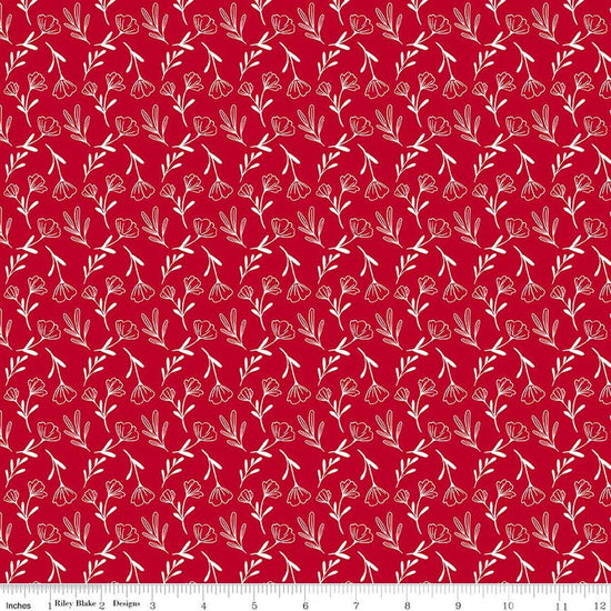 Image of Radiant Ruby Floral Schoolhouse quilting cotton fabric by Dani Mogstad for Riley Blake Designs. Features flowers on a red background. Cute Little Fabric Shop