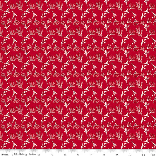 Image of Radiant Ruby Floral Schoolhouse quilting cotton fabric by Dani Mogstad for Riley Blake Designs. Features flowers on a red background. Cute Little Fabric Shop