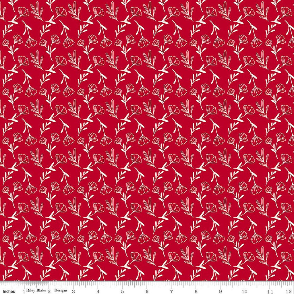 Image of Radiant Ruby Floral Schoolhouse quilting cotton fabric by Dani Mogstad for Riley Blake Designs. Features flowers on a red background. Cute Little Fabric Shop