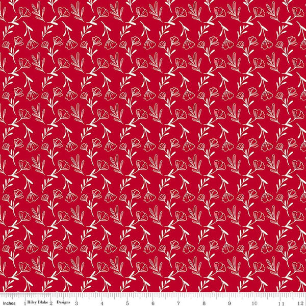 Image of Radiant Ruby Floral Schoolhouse quilting cotton fabric by Dani Mogstad for Riley Blake Designs. Features flowers on a red background. Cute Little Fabric Shop