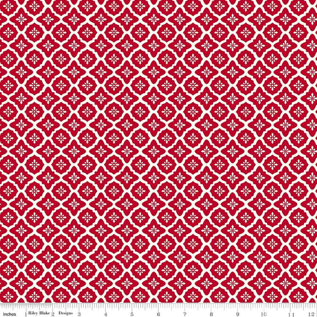 Image of Radiant Ruby Moroccan Schoolhouse quilting cotton fabric by Dani Mogstad for Riley Blake Designs. Features medallions on a red background. Cute Little Fabric Shop