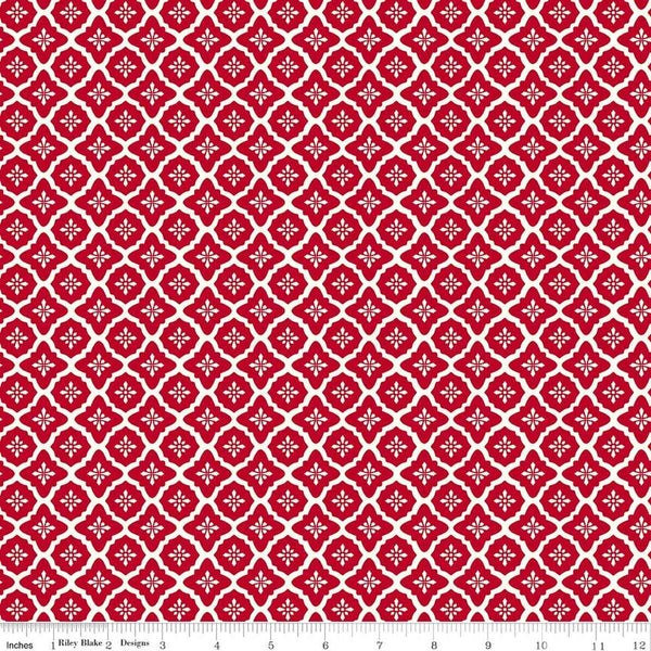 Image of Radiant Ruby Moroccan Schoolhouse quilting cotton fabric by Dani Mogstad for Riley Blake Designs. Features medallions on a red background. Cute Little Fabric Shop