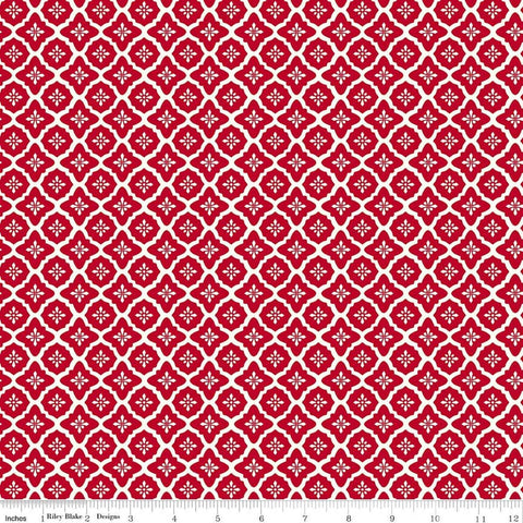 Image of Radiant Ruby Moroccan Schoolhouse quilting cotton fabric by Dani Mogstad for Riley Blake Designs. Features medallions on a red background. Cute Little Fabric Shop