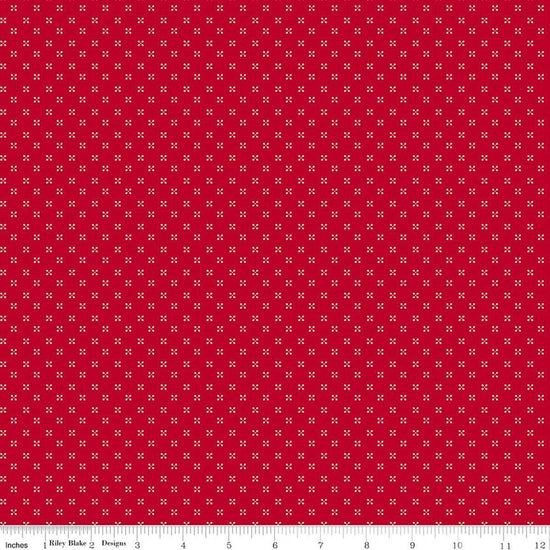 Image of Radiant Ruby Dots Schoolhouse quilting cotton fabric by Dani Mogstad for Riley Blake Designs. Features dots on a red background. Cute Little Fabric Shop