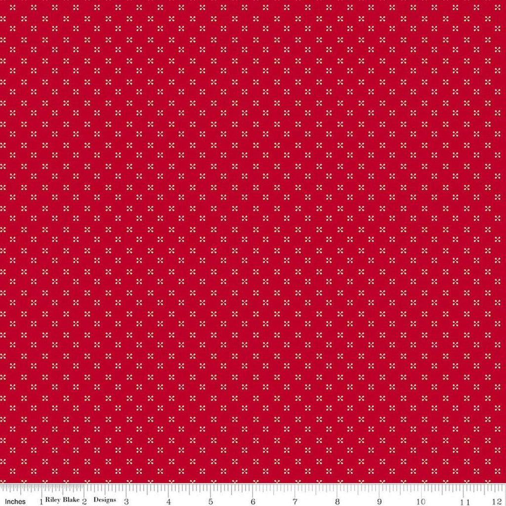 Image of Radiant Ruby Dots Schoolhouse quilting cotton fabric by Dani Mogstad for Riley Blake Designs. Features dots on a red background. Cute Little Fabric Shop
