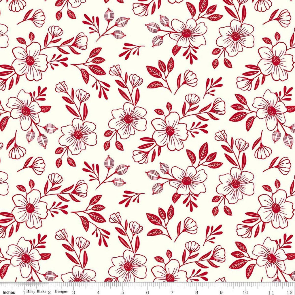 Image of Radiant Ruby Main Cloud quilting cotton fabric by Dani Mogstad for Riley Blake Designs. Features flowers on a white background. Cute Little Fabric Shop