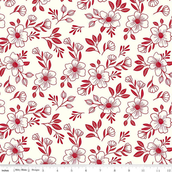 Image of Radiant Ruby Main Cloud quilting cotton fabric by Dani Mogstad for Riley Blake Designs. Features flowers on a white background. Cute Little Fabric Shop