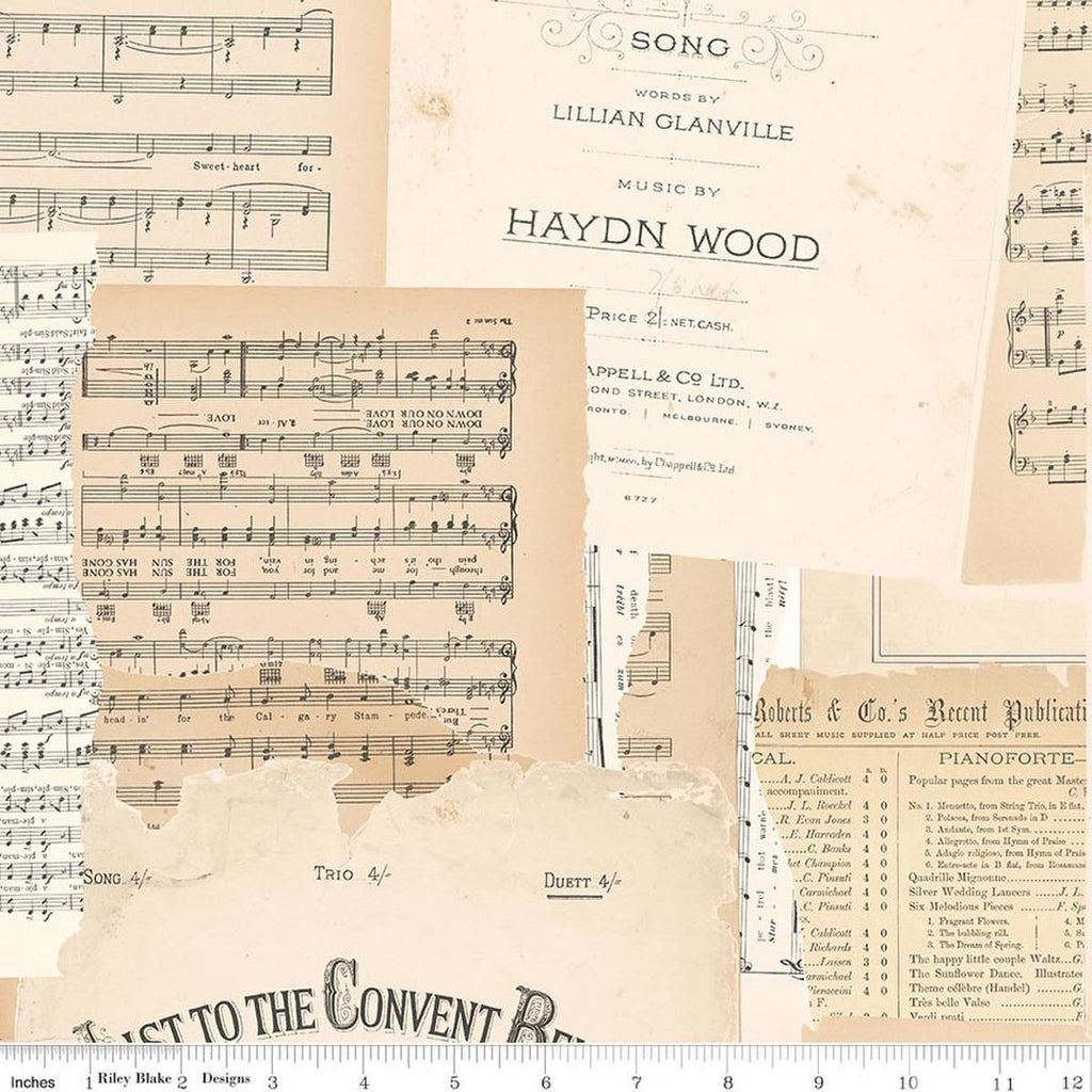 Image of Rose & Violet's Bouquet Des Fleurs Melody Parchment quilting cotton fabric by Miss Rose Sister Violet for Riley Blake Designs. Features music on a cream background. Cute Little Fabric Shop