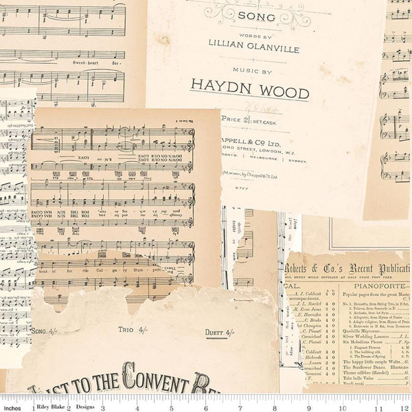 Image of Rose & Violet's Bouquet Des Fleurs Melody Parchment quilting cotton fabric by Miss Rose Sister Violet for Riley Blake Designs. Features music on a cream background. Cute Little Fabric Shop