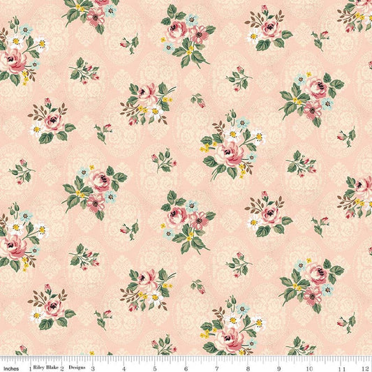 Image of Rose & Violet's Bouquet Des Fleurs Posy Blush quilting cotton fabric by Miss Rose Sister Violet for Riley Blake Designs. Features flowers on a pink background. Cute Little Fabric Shop