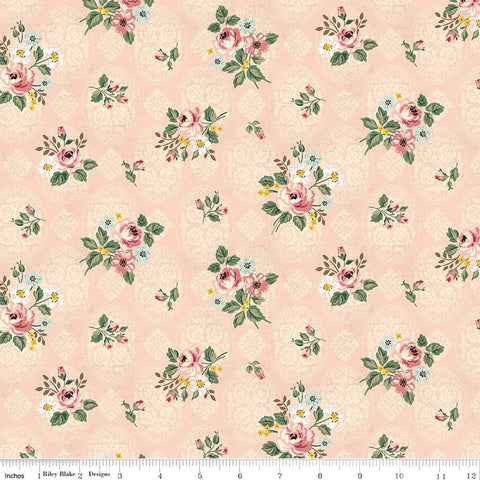 Image of Rose & Violet's Bouquet Des Fleurs Posy Blush quilting cotton fabric by Miss Rose Sister Violet for Riley Blake Designs. Features flowers on a pink background. Cute Little Fabric Shop