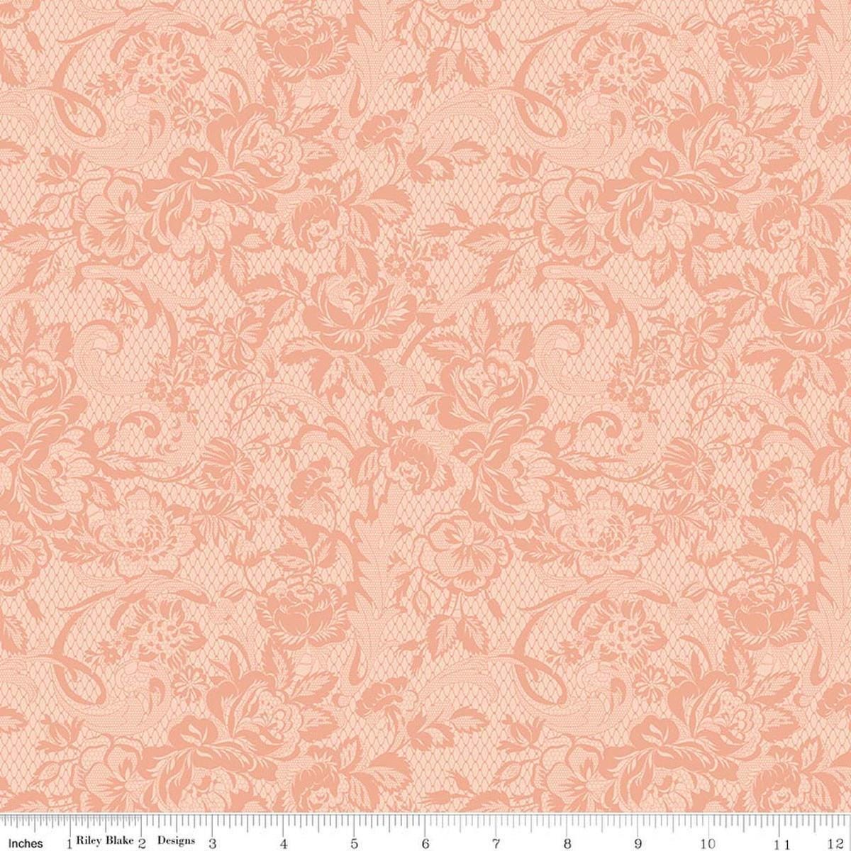Image of Rose & Violet's Bouquet Des Fleurs Lace Blush quilting cotton fabric by Miss Rose Sister Violet for Riley Blake Designs. Features flowers on an orange background. Cute Little Fabric Shop