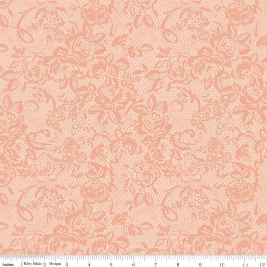 Image of Rose & Violet's Bouquet Des Fleurs Lace Blush quilting cotton fabric by Miss Rose Sister Violet for Riley Blake Designs. Features flowers on an orange background. Cute Little Fabric Shop