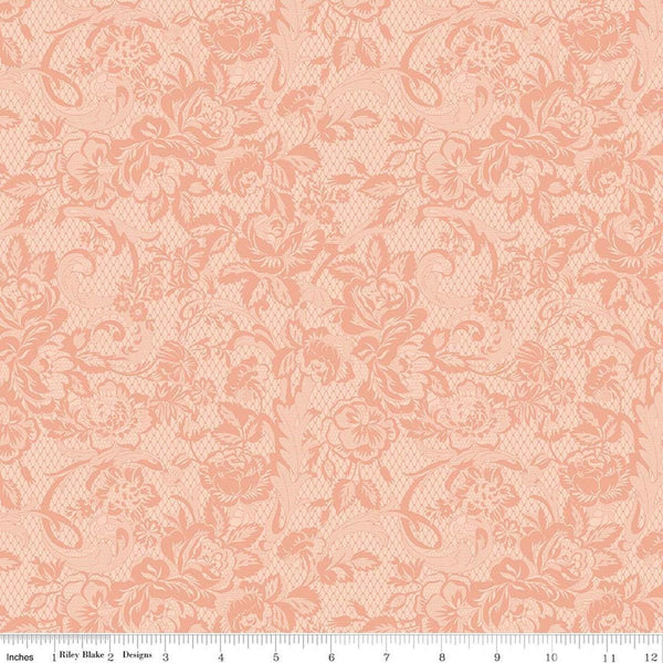 Image of Rose & Violet's Bouquet Des Fleurs Lace Blush quilting cotton fabric by Miss Rose Sister Violet for Riley Blake Designs. Features flowers on an orange background. Cute Little Fabric Shop