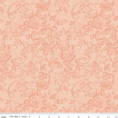 Image of Rose & Violet's Bouquet Des Fleurs Lace Blush quilting cotton fabric by Miss Rose Sister Violet for Riley Blake Designs. Features flowers on an orange background. Cute Little Fabric Shop