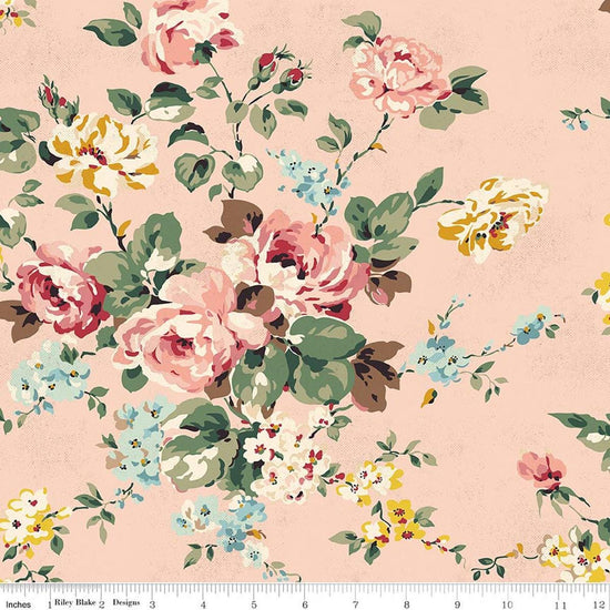 Image of Rose & Violet's Bouquet Des Fleurs Main Blush quilting cotton fabric by Miss Rose Sister Violet for Riley Blake Designs. Features flowers on a pink background. Cute Little Fabric Shop