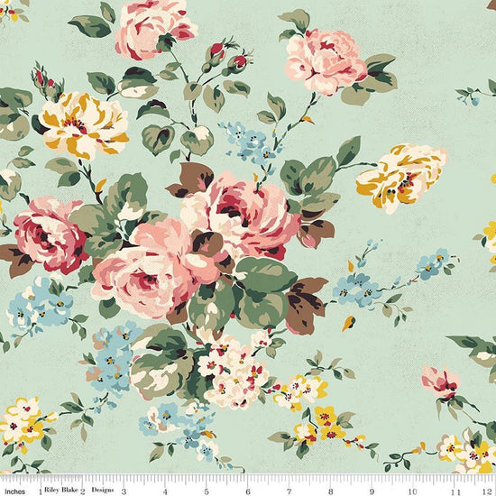 Image of Rose & Violet's Bouquet Des Fleurs Main Mint quilting cotton fabric by Miss Rose Sister Violet for Riley Blake Designs. Features flowers on a green background. Cute Little Fabric Shop