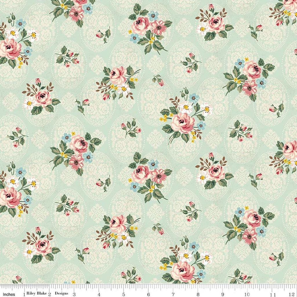 Image of Rose & Violet's Bouquet Des Fleurs Posy Mint quilting cotton fabric by Miss Rose Sister Violet for Riley Blake Designs. Features flowers on a green background. Cute Little Fabric Shop