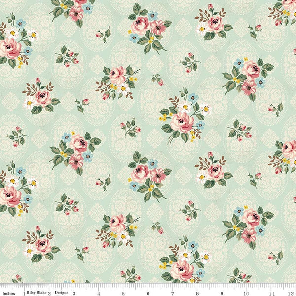 Image of Rose & Violet's Bouquet Des Fleurs Posy Mint quilting cotton fabric by Miss Rose Sister Violet for Riley Blake Designs. Features flowers on a green background. Cute Little Fabric Shop