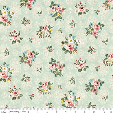 Image of Rose & Violet's Bouquet Des Fleurs Posy Mint quilting cotton fabric by Miss Rose Sister Violet for Riley Blake Designs. Features flowers on a green background. Cute Little Fabric Shop